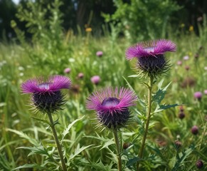 Vibrant wild thistles contrasting with the greenery, foliage, bushy, wild plant, countryside, lush