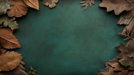 Autumnal leaves arranged on a dark teal background.  Perfect for fall-themed designs.