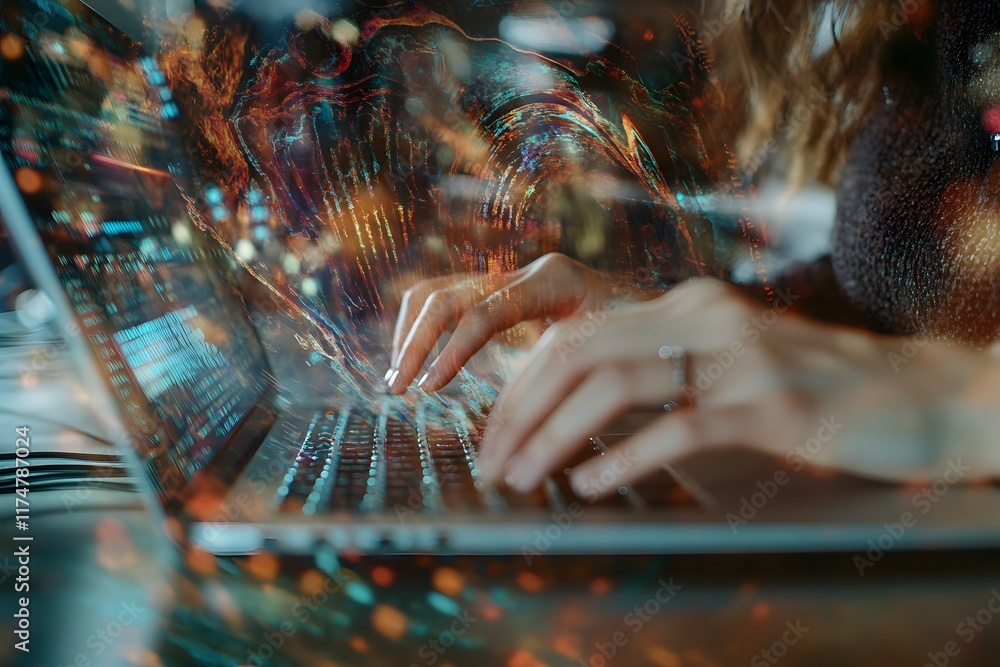 Poster hands typing swiftly on laptop as captivating holographic metaverse unfolds in dynamic digital