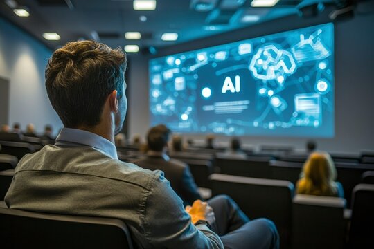 Man attentively watches AI presentation at conference