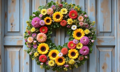Colorful flower wreath on blue door