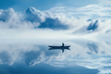 Tranquil reflection of canoe on calm lake with clouds