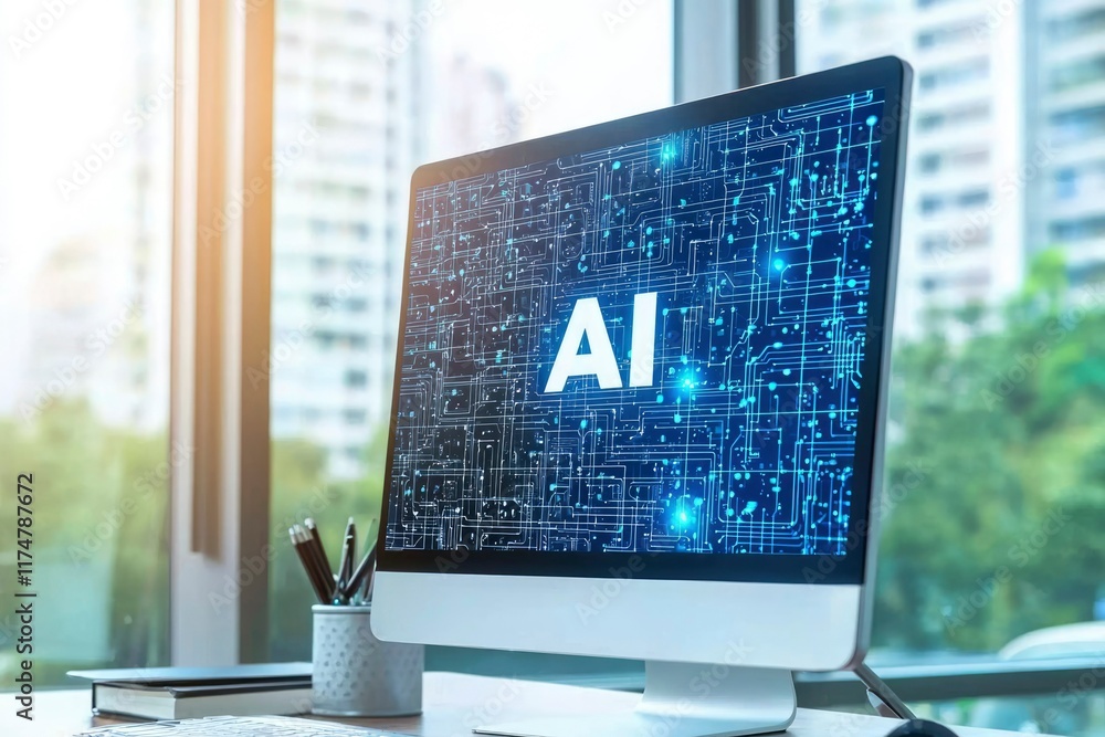 Poster computer screen displays artificial intelligence concept
