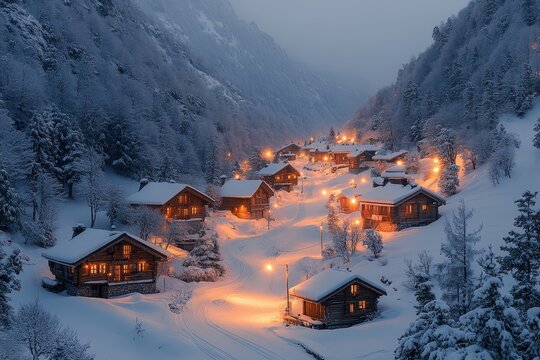 Winter evening in a snow-covered village with warm lights and cozy cabins in the mountains