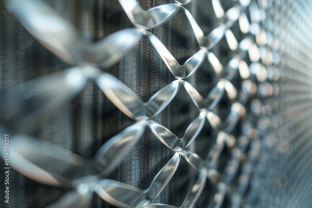 Poster abstract image of a metallic grid structure creating a repeating pattern with a shallow depth of fie