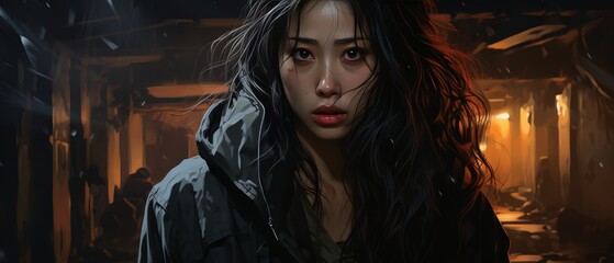 Mysterious South Korean Woman in Urban Background Illustration