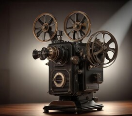 Obraz premium Vintage movie projector in dramatic spotlight, Vintage Technology, Theatrical