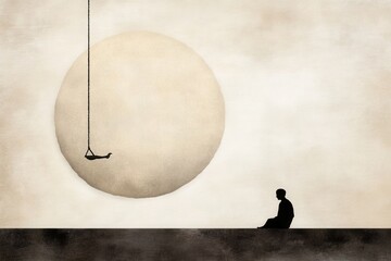 Dreamy meditation scene with swing silhouette giant moon