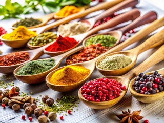 Colorful Spices in Wooden Spoons on White Background -  Culinary Photography