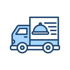 A blue food delivery truck icon.  The truck has a graphic of a cloche on its side, indicating restaurant food delivery.
