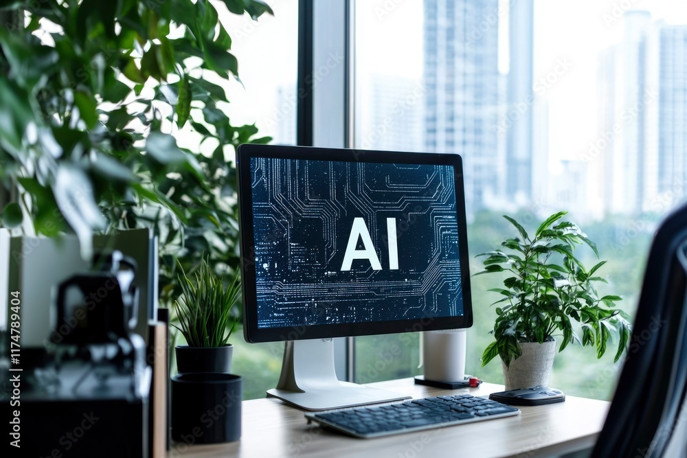 Poster modern workspace featuring ai technology on computer screen