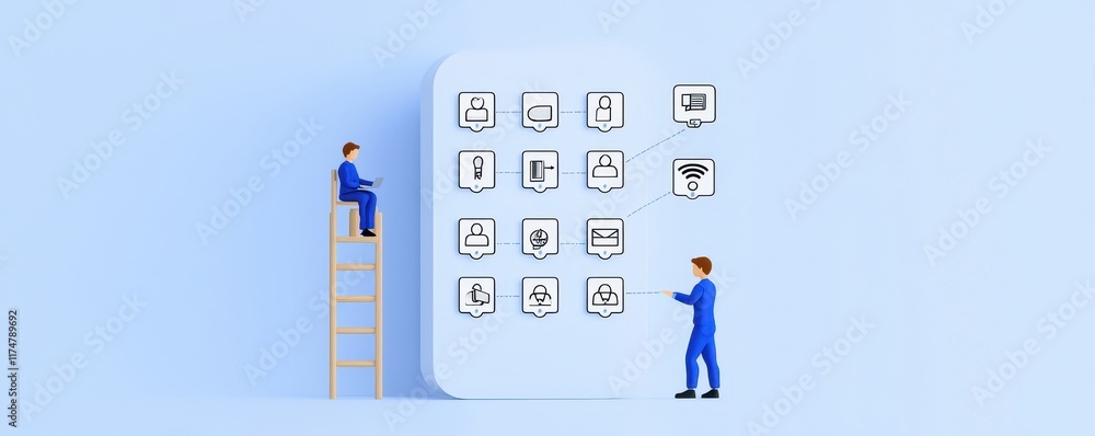 Aufkleber a digital illustration showing two characters interacting with icons on a large panel, one on a ladd