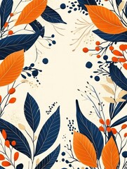 Autumn foliage illustration, minimal flat design, navy blue and orange leaves, abstract floral elements, beige textured background, botanical pattern, stylized nature, vector graphic style, decorative