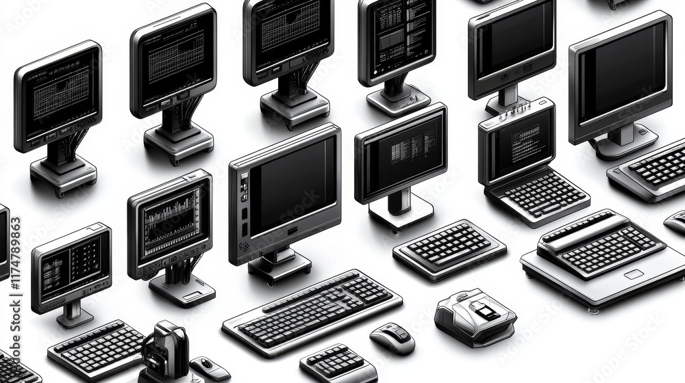 Poster a collection of vintage desktop computers and peripherals