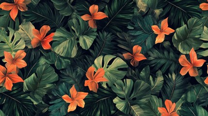 Tropical Floral Pattern with Orange Blooms