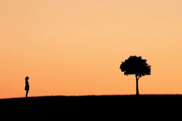 Silhouetted woman tree at sunset