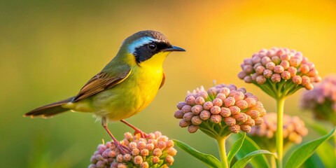 Obraz premium Common Yellowthroat Warbler on Milkweed - Early Summer Dawn