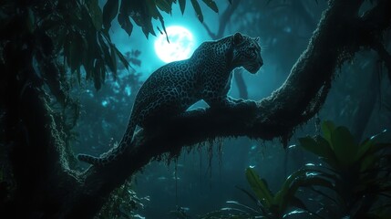 Fototapeta premium Majestic Leopard Sitting on Branch Under Moonlight in Jungle Scene