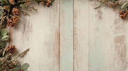 Rustic wooden background adorned with autumnal greenery and pine cones, creating a warm and inviting fall scene.