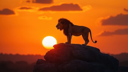 Majestic Lion Silhouette at Sunset on a Rocky Outcrop in Nature