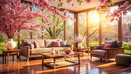 Fototapeta premium Contemporary Wooden Living Room with Cherry Blossom View - Bokeh Effect Stock Photo
