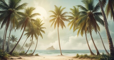 Fototapeta premium Vintage style watercolor illustration of coconut trees, white, leaves