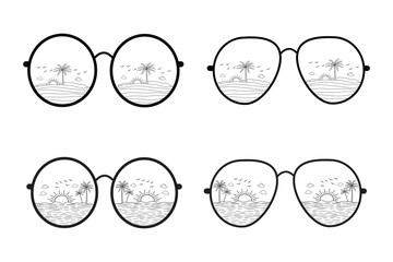 line art beach reflection sunglasses vector t-shirt design element, Sunrise sunshine wave outline style, summer vacation with palm trees eyeglasses icon, summertime fashionable Print