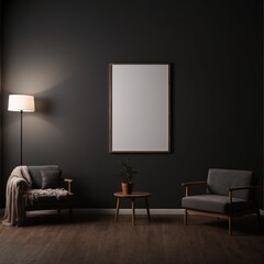 A dimly lit room with sparse furnishings and a blank wall serves as backdrop for a stock photo mockup