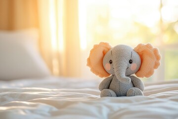 A Knitted Elephant Toy Sits On A Bed