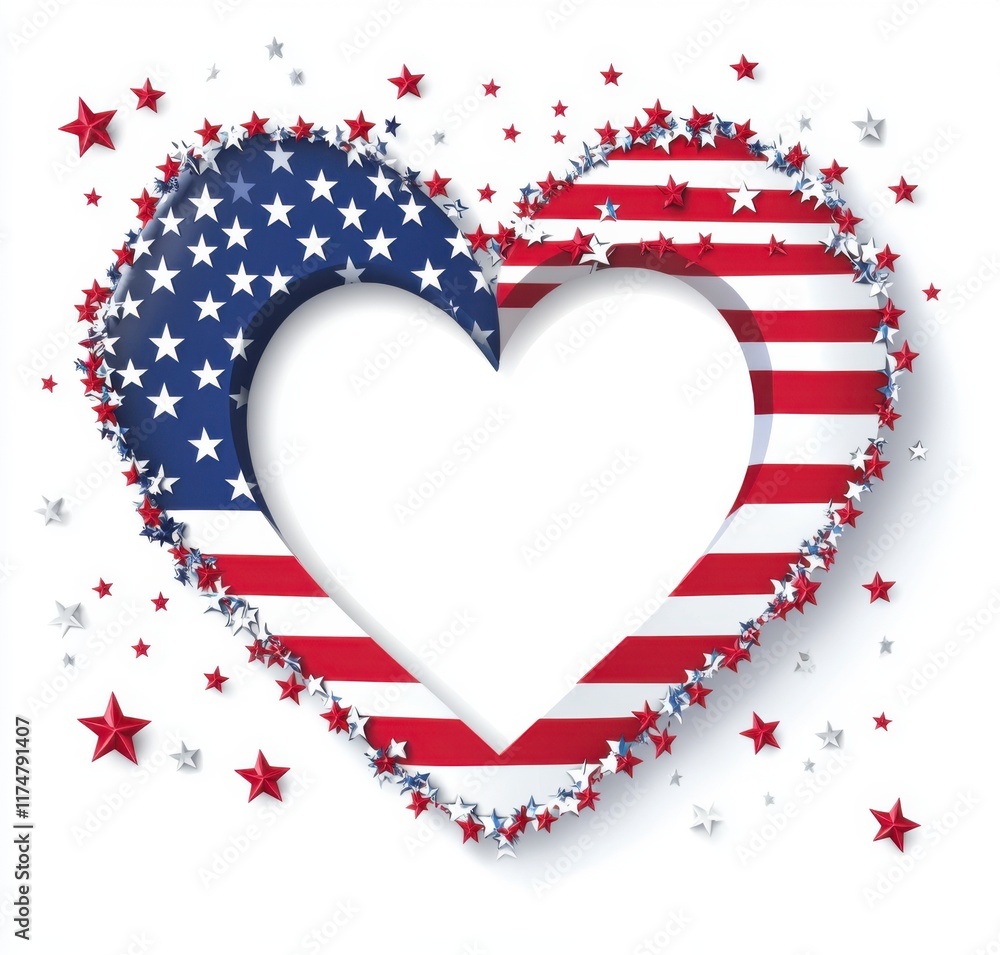 Aufkleber a heart-shaped frame made of the american flag, with a white background featuring stars and stripes.