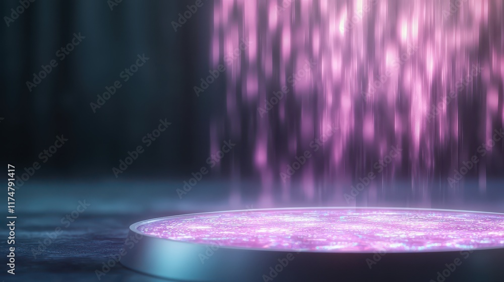 Poster a glowing portal emits pink light, cascading down into a circular platform, creating a mystical and 