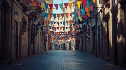Fototapeta premium Festive Triangular Flags Adorn Cobblestone Alleyway