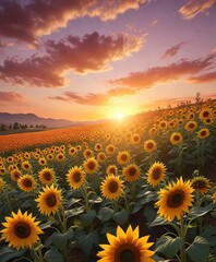 Obraz premium Warm sunlight casts a gentle glow over rows of tall, bright yellow sunflowers against a vibrant orange and pink sunset sky, golden hour, warm colors