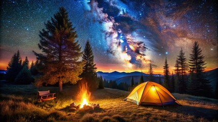Cozy Camping Night: Starry Sky, Campfire, Tent, Adventure