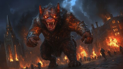 A fiery, monstrous beast wreaks havoc amidst a burning city
