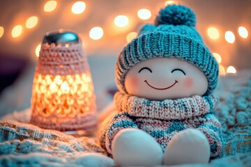 Fototapeta premium Happy Smiling Snowman Doll Cozy Winter Scene