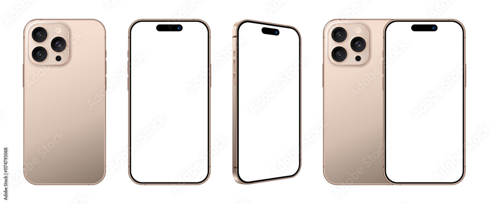 Poster latest smartphone device with front side and back view mockup set. realistic gold mobile phone blank