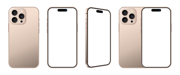 iPhone 15 and 16 Pro Max smartphone devices with front side and back view mockup set. Realistic gold mobile phone blank screen template for product advertisement and social media user interface design
