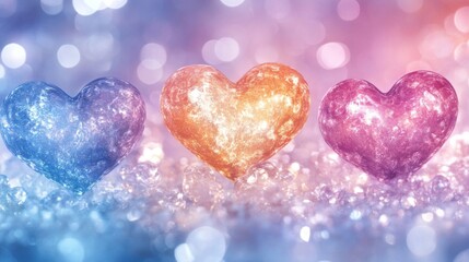 Obraz premium Three Colorful Crystal Hearts Resting on Glittering Ice