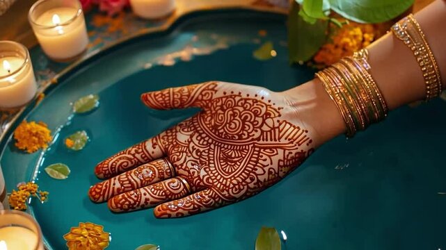 This image showcases a detailed henna pattern on a hand, surrounded by calming teal water and flickering candles. Perfect for beauty and cultural themes. Generative AI