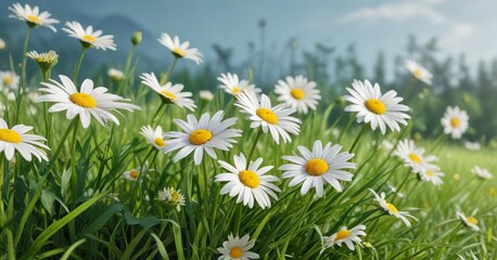 Watercolor daisies with green grass background, flowers, colorful, green, background, daisies