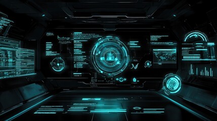 Futuristic Spaceship Interior Control Panel Displays