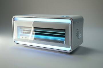 Fototapeta premium Modern air purifier emitting blue light, standing on a white background