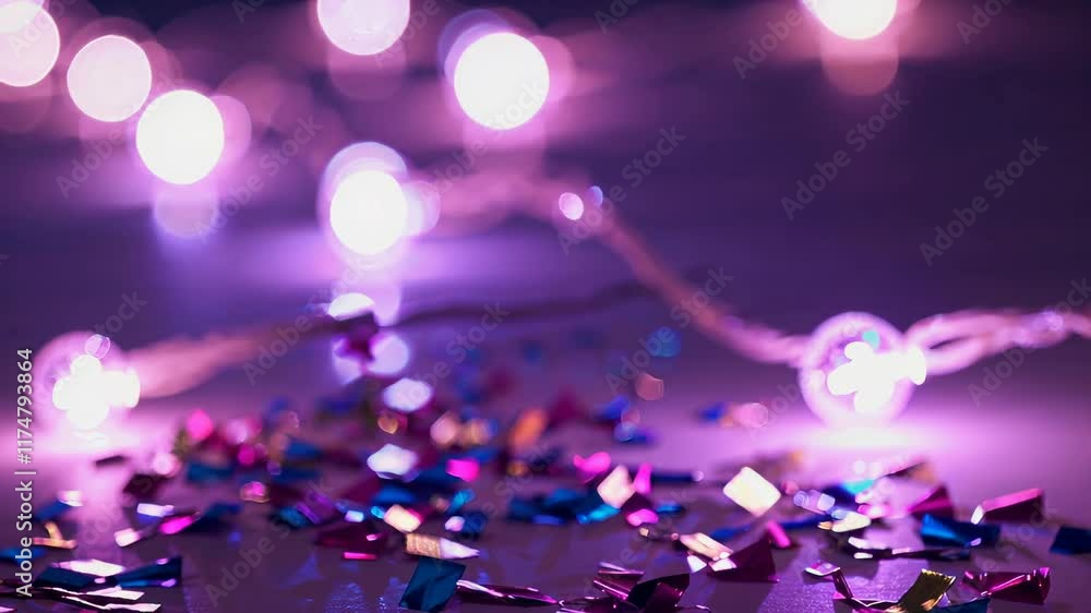 Poster soft purple string lights and colorful confetti creating a festive and vibrant atmosphere