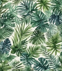 Watercolor illustration of tropical leaves in seamless pattern, tropical, botanical, seamless