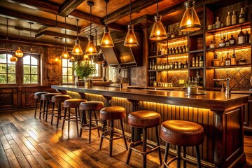 Cozy Wooden Bar Interior: Vintage Barstools, Edison Bulbs, Relaxed Ambiance - HD Stock Photo