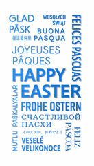 Vertical illustration of Happy Easter message in different languages - keywords cloud with blue text on white background - vacation concept.