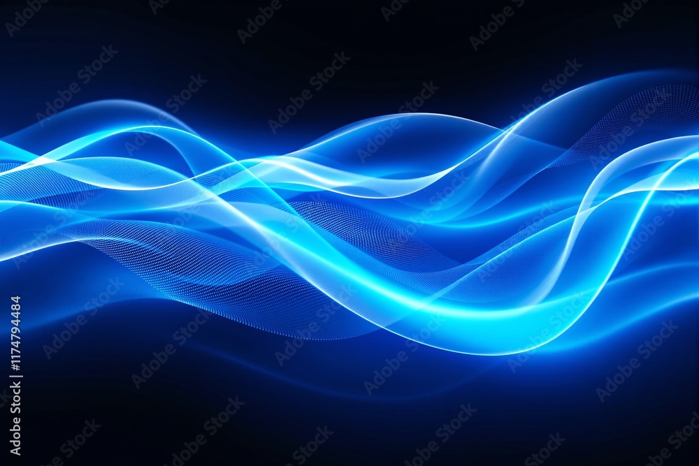 Poster abstract luminous blue wave lines with glowing effects on a dark background, creating a dynamic and 