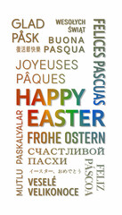 Vertical illustration of Happy Easter message in different languages - keywords cloud on white background - vacation concept.