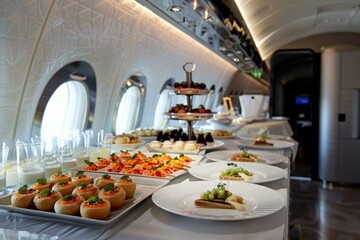 Variety of gourmet food is presented on a table inside the cabin of a private jet